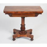 A 19th century rosewood pedestal card table, the hinged rectangular top opening to a red baize-lined