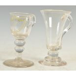 An 18th century glass custard cup and an 18th century jelly glass, the custard cup with engraved