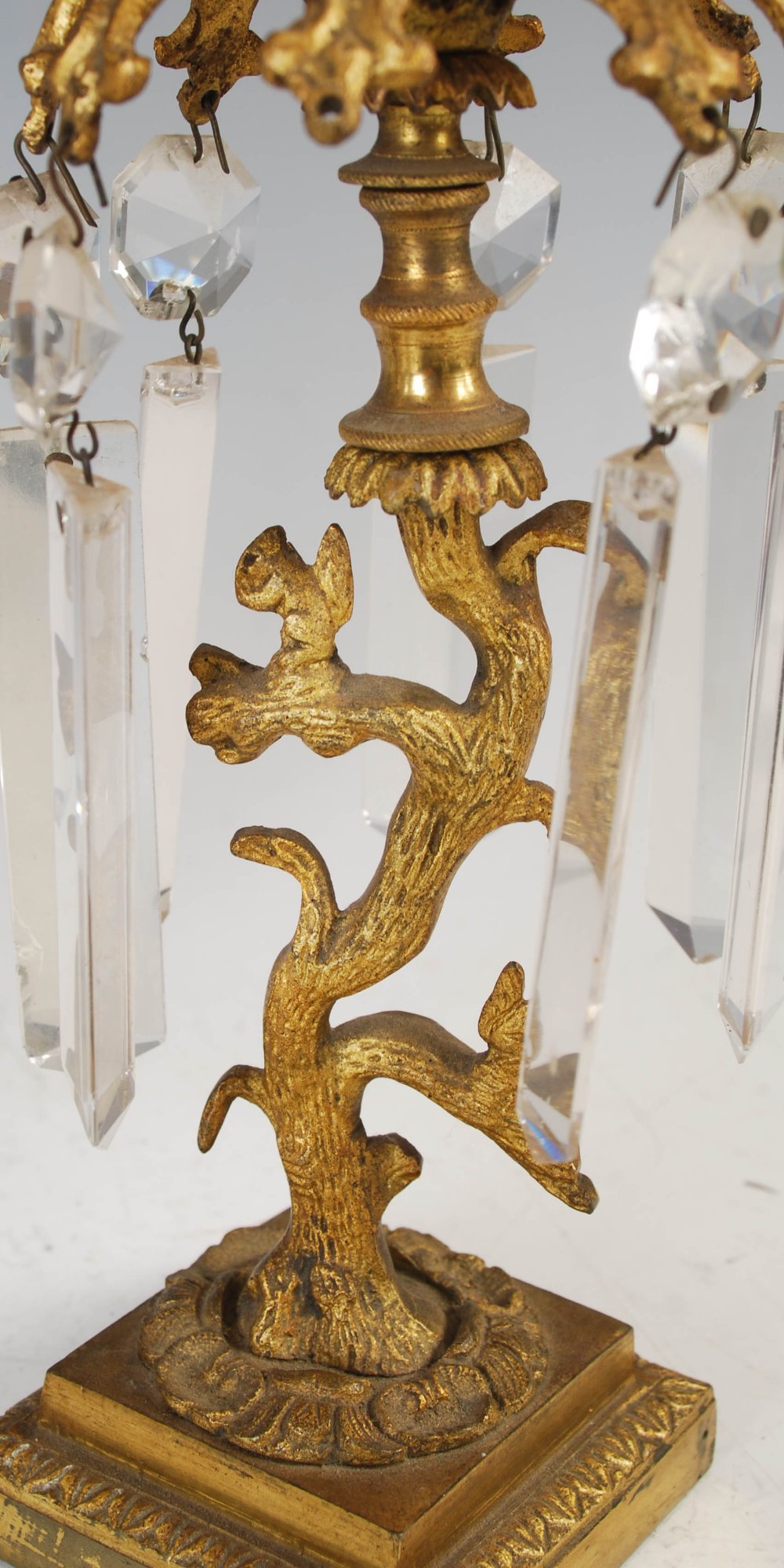 A pair of early 19th century gilt metal and cut glass lustre candlesticks, 23cm high. - Image 4 of 4