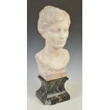 An early 20th century white marble bust of a lady, on green plinth base, 64cm high.