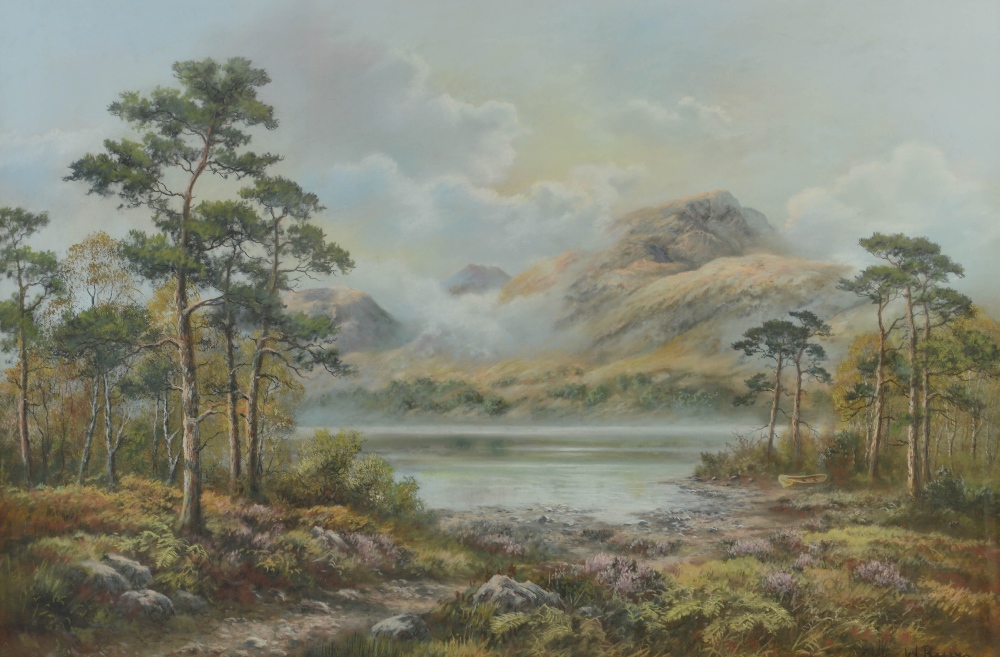 •AR Wendy Reeves (b.1945) Highland loch scene with pine trees and rowing boat on the foreshore