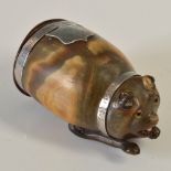 An unusual early 19th century Scottish horn snuff mull carved in the form of a crouching dog, with