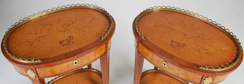 A pair of 20th century rosewood, marquetry and gilt metal mounted occasional tables, the oval-shaped - Image 2 of 9