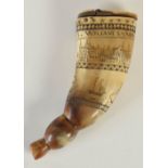 A mid 19th century flattened horn snuff mull, with scrimshaw scenes of Edinburgh and ships at sea,