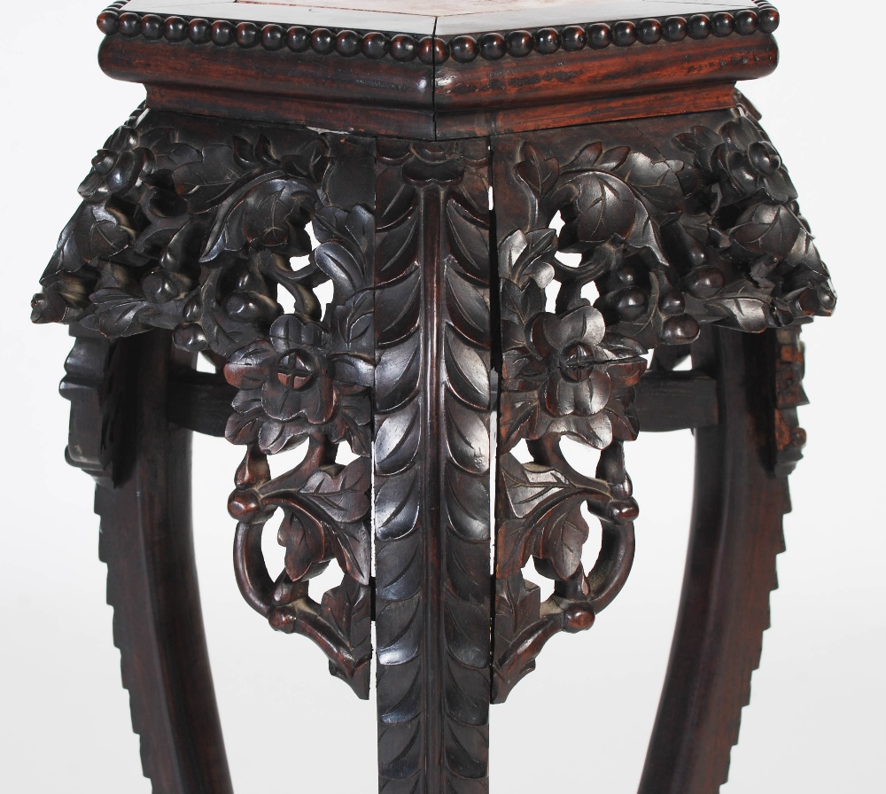 A Chinese darkwood jardiniere stand, Qing Dynasty, the hexagonal top with a marble insert above a - Image 3 of 5