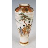 A Japanese Satsuma pottery vase, Meiji Period, finely decorated with a panel of ladies and