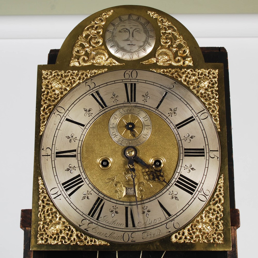 An 18th century black lacquer longcase clock, Joshua Alsop, East Smithfield, the brass dial with - Image 5 of 12