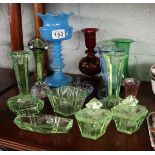 Collection of coloured glass to include Uranium glass & Scandinavian bud vase