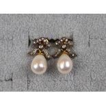 Pair of pearl & diamond bow earrings