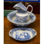 Blue and white wash bowl and jug with blue and white dish