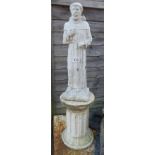 Stone statue of monk on plinth - Approx height 90cm