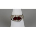 Gold ruby & diamond double heart ring - Size N