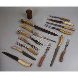 Collection of horn handled cutlery to include horn cup
