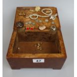 Burr walnut jewellery box with contents