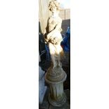 Stone statue of flower girl on plinth - Approx height 103cm