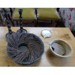Collection of rustic woodenware to include a pair of barley-twist candlesticks