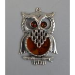 Silver & amber owl pendant