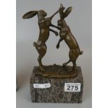 Bronze boxing hares on marble - Approx height 24cm