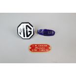 Original MG enamel radiator badge, Squire sidecars enamel badge and Coulson Ripon fairground plaque