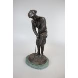 Bronze figure of golfer on marble base - Approx height 30cm
