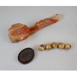 Carved tortoise shell pendant, glass sceptre and 5 Ojime beads, some signed
