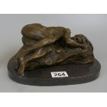 Nude bronze laid down on marble base - Approx length 26cm