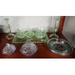 Coloured glass dressing table set etc