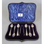 6 Cypriot silver cased spoons and white metal tongs