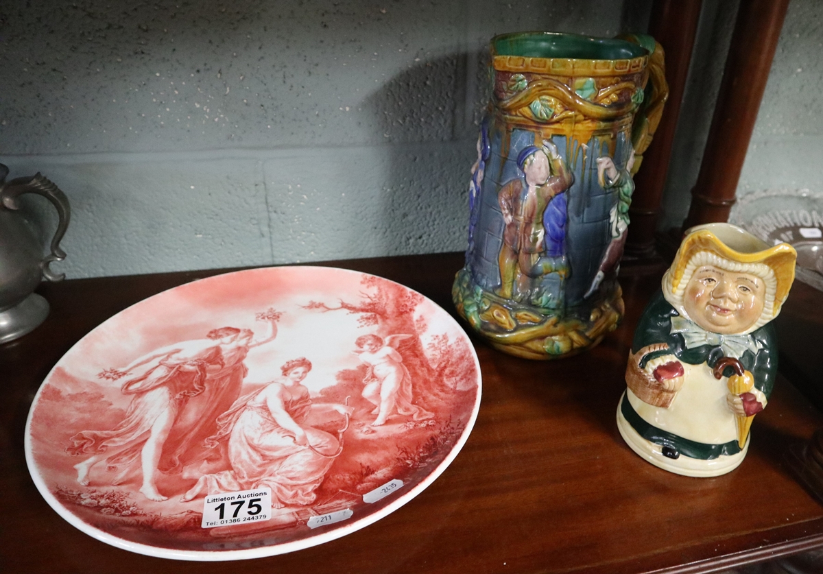 Collection of ceramics to include Minton majolica jug and Toby jug.