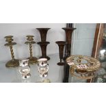 Collection of metalware to include candlesticks