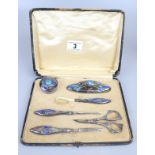 Hallmarked silver & enamel grooming set