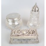 2 hallmarked silver topped glass pots and silver topped shaker