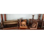 Collection of wooden items to include bookends and twisted candlesticks