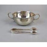 Hallmarked silver sugar bowl and tongs - Approx. weight: 181g