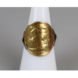 Gold half sovereign turned into a wrap over ring with a 9ct band - Size M½