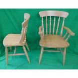 Set of 6 beech country house spindle-back chairs to include two carvers