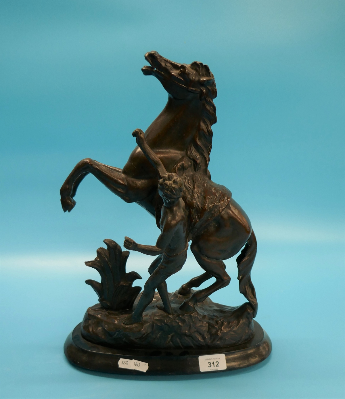 Metal figure of man and rearing horse - Approx. height: 43cm