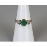 Gold emerald and diamond 3 stone ring - Size L