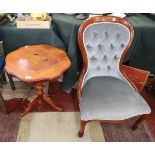 Victorian style button back nursing chair and inlaid wine table