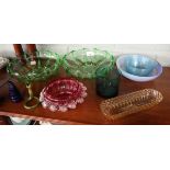 Collection of coloured glass to include hand-blown cranberry bowl