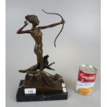 Bronze on marble base - Diana the Huntress with 2 dogs - Approx. height: 28cm