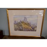 Watercolour - Corfe Castle by Michael Lawrence Cadman - IS: 34cm x 25cm