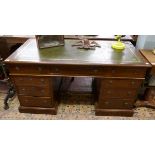 Leather topped antique oak pedestal desk - Approx. size W: 145cm D: 75cm H: 76cm