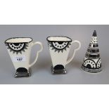 Pair of Moorland mugs together with sugar shaker