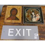 Framed ceramic tile, exit sign and icon