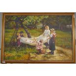 Oil on canvas - Children picking fruit - Approx image size: 91cm x 60cm