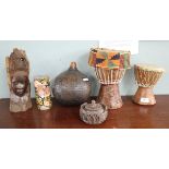 Collection of tribal items to include bongo drums