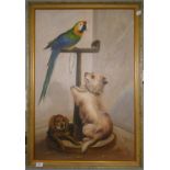 Oil on canvas - 2 dogs and a parrot signed S. Kiere - Approx image size: 59cm x 90cm