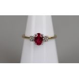 Gold ruby and diamond 3 stone ring - Size L