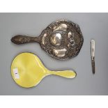 Two hallmarked silver mirrors and a silver bladed fruit knife